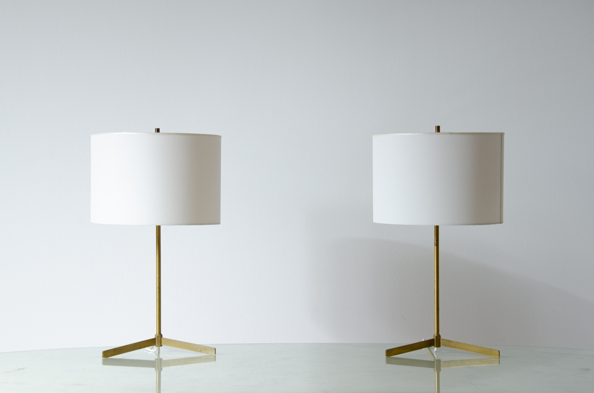 Pair of rare raw brass table lamps with fabric shade.  Falkenberg Manufactory, Sweden, 1950s.