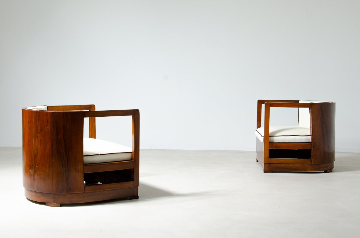 Pair of armchairs in wood and upholstered fabric. 1930's Italian manufacture.