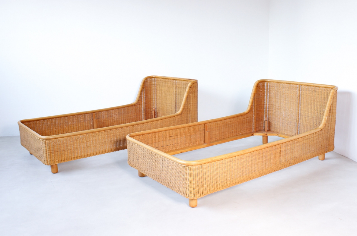 Pair of woven rattan beds. Italy, 1970's