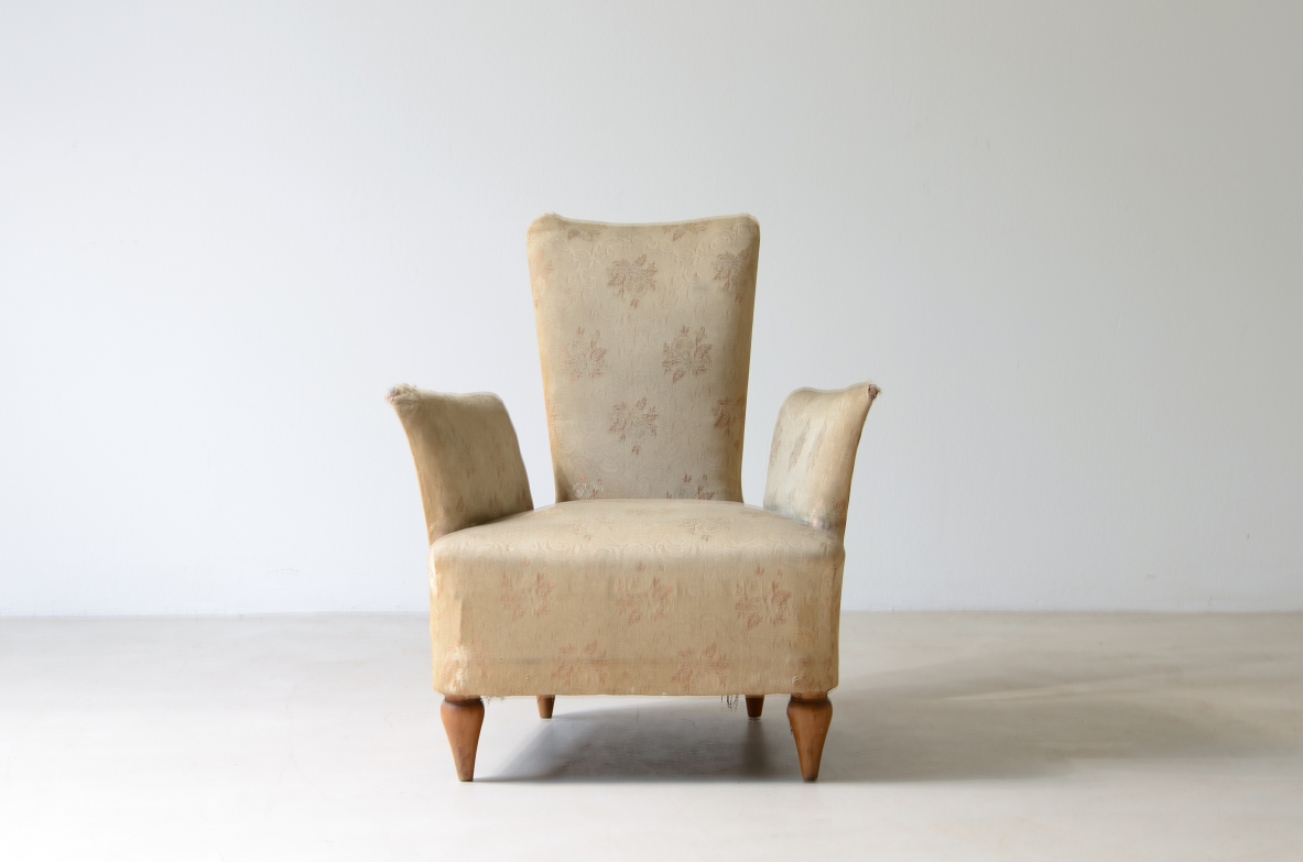 Cesare Lacca  Rare bedroom armchair in padded fabric.  Italian manufacture from the 1940s.