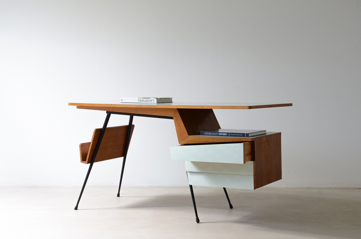 rationalist style desk in metal and wood with methacrylate covered tops 1950's