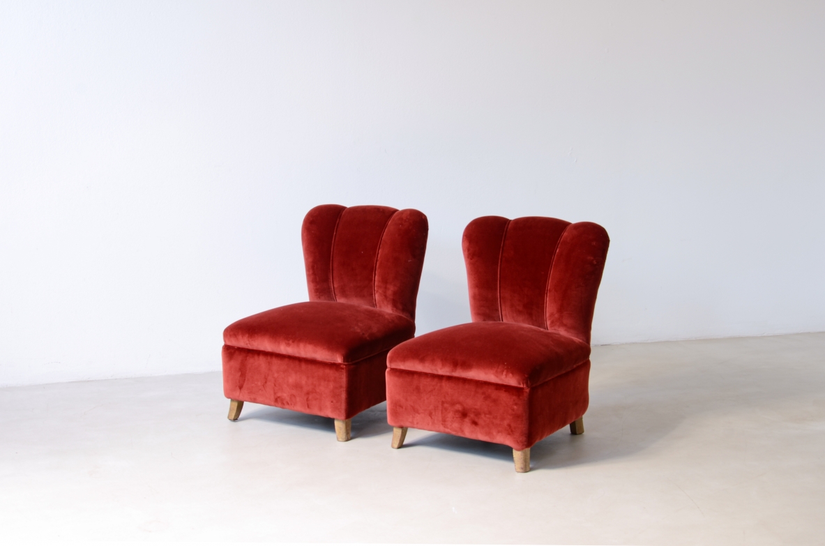 Pair of small armchairs covered in padded velvet.  Attr. Guglielmo Ulrich, ca.1940.