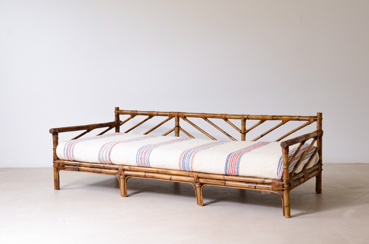 Sofa/bed in rattan and woven rush.  Manifactured by Vivai del Sud, Italy, ca.1960.